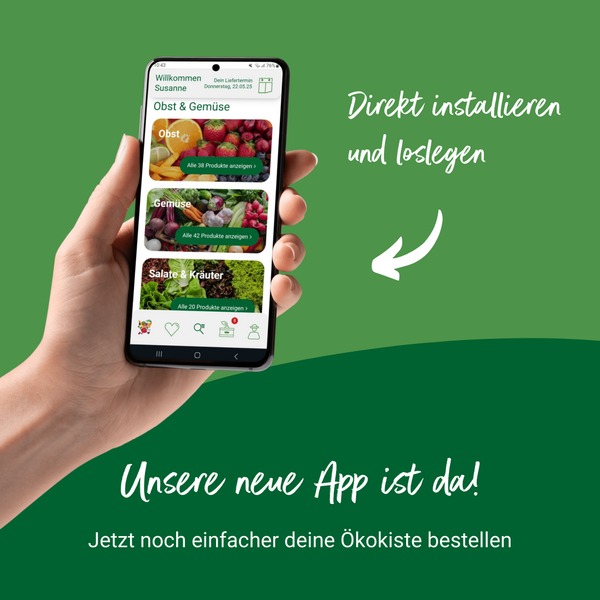 KI generiert: Ein Smartphone mit Ökokisten-App. Text: "Direkt installieren und loslegen. Unsere neue App ist da!"