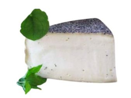 KI generiert: Ein Stück Käse mit Mohnkruste, dekoriert mit zwei grünen Blättern.