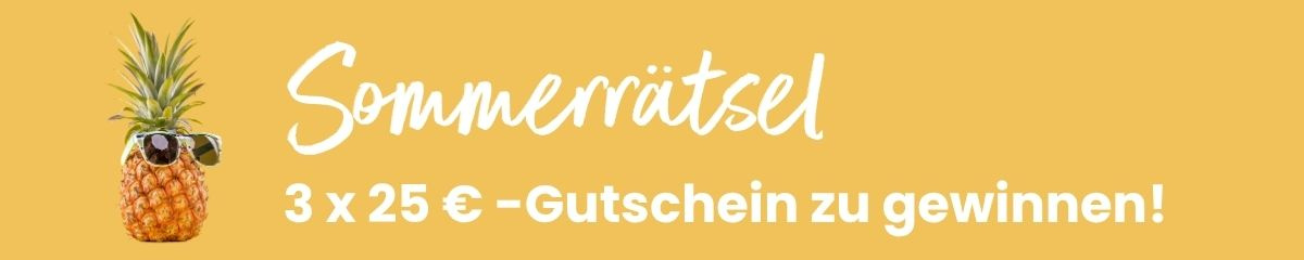 KI generiert: Eine Ananas mit Sonnenbrille und der Text: "Sommerrätsel 3 x 25 €-Gutschein zu gewinnen!"