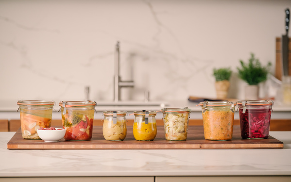 KI generiert: Mehrere Einmachgläser mit eingelegtem Gemüse stehen auf einem Holzbrett in einer Küche.