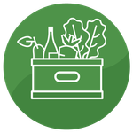Grünes Symbol mit einer Ökokiste voller Gemüse und Obst, das die Produktauswahl symbolisiert.