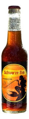KI generiert: Eine braune Glasflasche mit Etikett "Schwarze Eva". Enthält eine gezeichnete Figur und den Text "Erfrischungsgetränk".