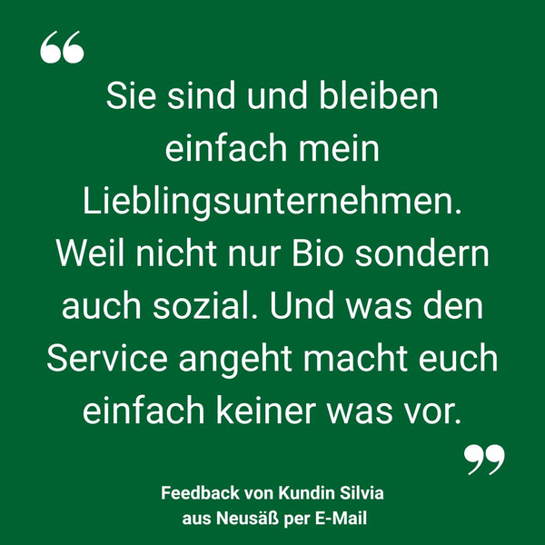 KI generiert: Kundin lobt Unternehmen für Bio, soziale Verantwortung und Service in einer E-Mail.