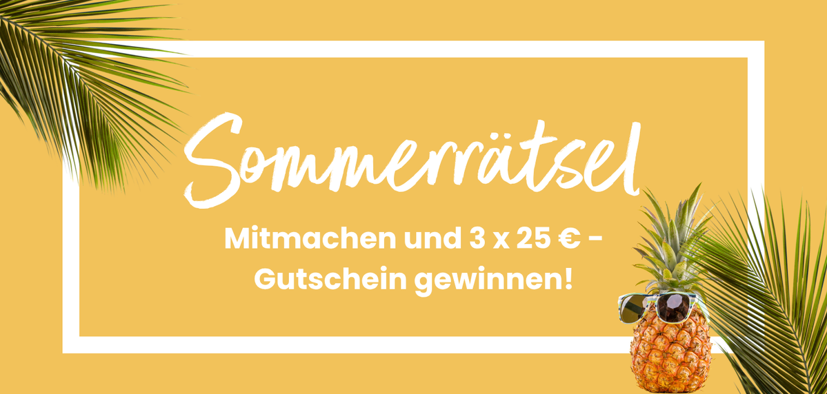 KI generiert: Ein Sommerbanner mit Text: "Sommerrätsel - Mitmachen und 3 x 25 €-Gutschein gewinnen!"