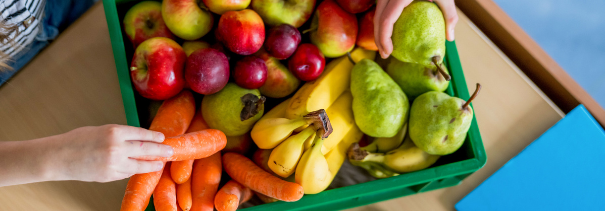 KI generiert: Eine grüne Kiste voller Obst und Gemüse, darunter Äpfel, Bananen, Birnen und Karotten.