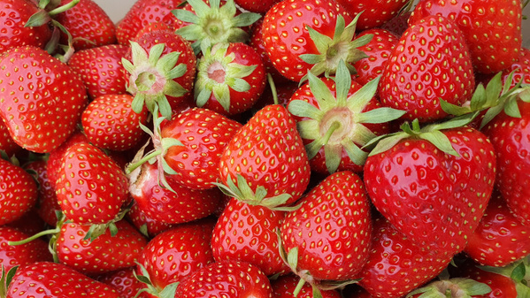 KI generiert: Frische, rote Erdbeeren mit grünen Kelchblättern.