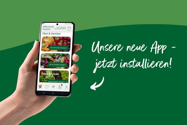 KI generiert: Das Bild zeigt zwei Personen in grüner Arbeitskleidung, die lächelnd eine Kiste mit frischem Obst und Gemüse halten. Im Hintergrund sind weitere Kisten mit Tomaten, Äpfeln und Salat zu sehen, was auf ein Lager oder eine Verkaufsstelle für frische Lebensmittel hinweist.