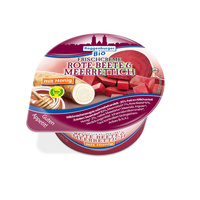 KI generiert: Rote Beete-&-Meerrettich-Frischcreme mit Honig von Roggenburger, Bio-Produkt in runder Verpackung.