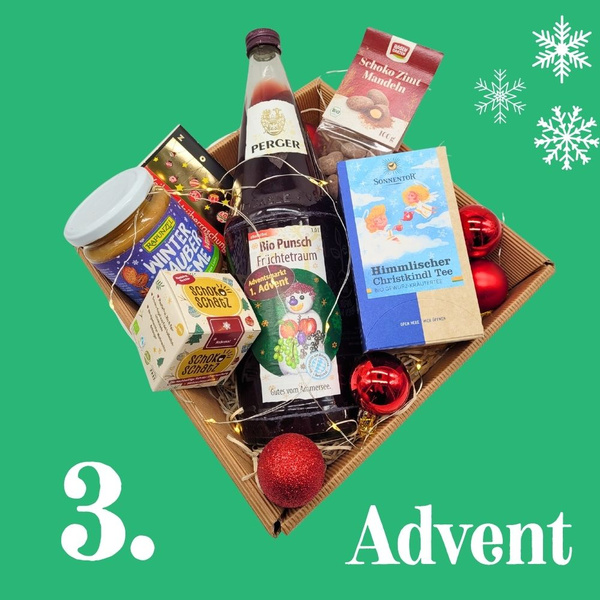 KI generiert: Geschenkbox mit Adventsprodukten: Tee, Punsch und mehr. Text: "3. Advent".