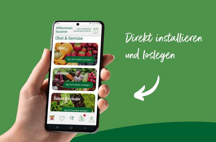 KI generiert: Ein Smartphone zeigt eine Einkaufs-App für Obst, Gemüse, Salate. Text: "Direkt installieren und loslegen".