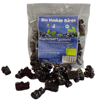 KI generiert: Tüte mit Bio Haskap Bären Fruchtgummis, einige sind herausgefallen. Text: "Bio Haskap Bären fruchtSAFTgummi".