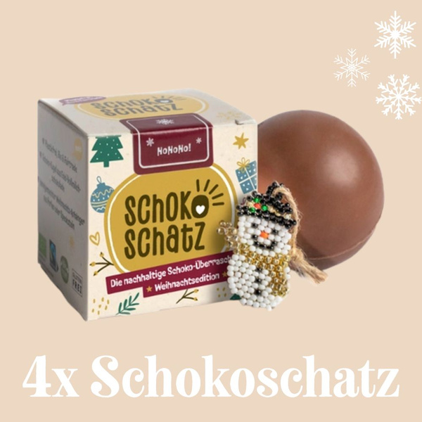 KI generiert: Schokoladenüberraschung mit Verpackung, Perlenfigur und Text: "Schokoschatz. 4x Schokoschatz."