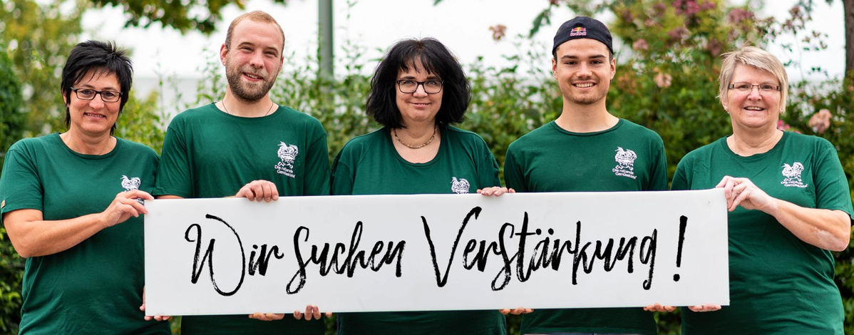 KI generiert: Gruppenselfie in grüner Kleidung, fröhliche Gesten. Text: "PACK DEINE KISTE, WIE SIE DIR GEFÄLLT".