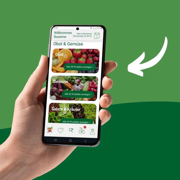 KI generiert: Eine Hand hält ein Smartphone mit einer App-Anzeige für Obst, Gemüse und Kräuter. Text: "Alle Produkte anzeigen".