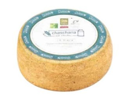 KI generiert: Ein runder Laib Käse mit einem Etikett auf der Oberseite. Text: "chascaria" und diverse Logos.