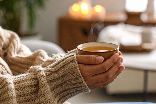 KI generiert: Person hält eine dampfende Tasse Tee in einem gemütlichen Raum mit Kerzen.