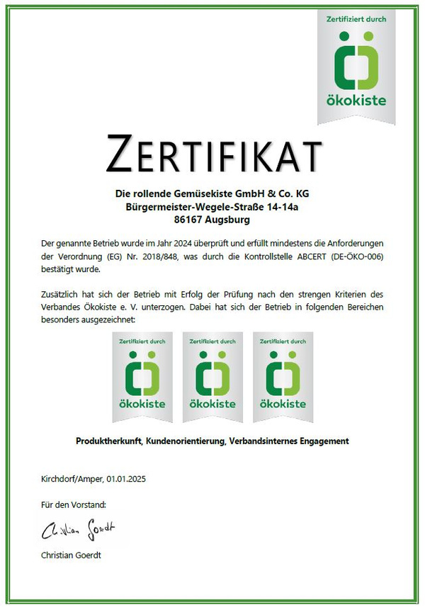 KI generiert: Zertifikat der Ökokiste für Die rollende Gemüsekiste GmbH & Co. KG mit Fokus auf Nachhaltigkeit und Qualität.
