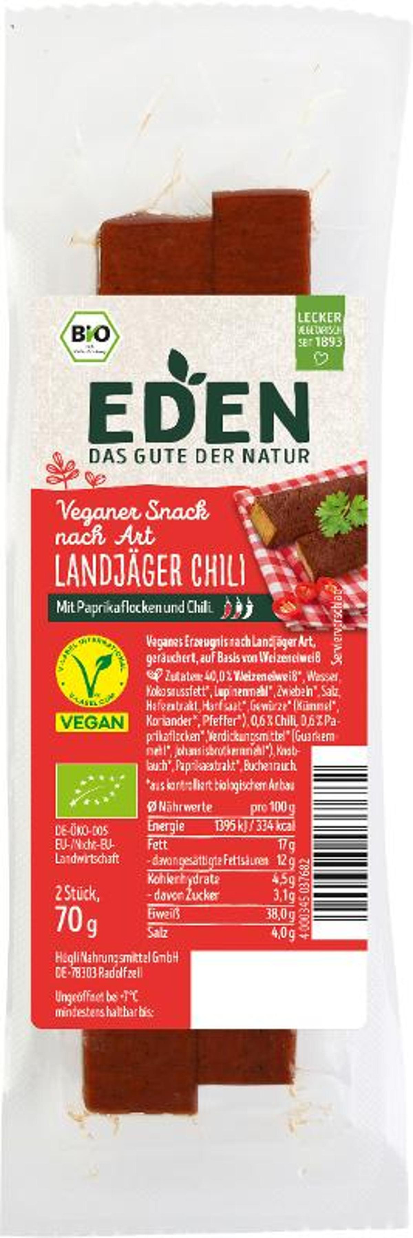 Produktfoto zu Veganer Snack Chili nach Landjäger Art, 70g (2 Stk.)