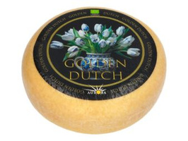 KI generiert: Eine runde Käselaib-Verpackung mit einem Etikett von Blumen in einer Vase. Text: "GOLDEN DUTCH".