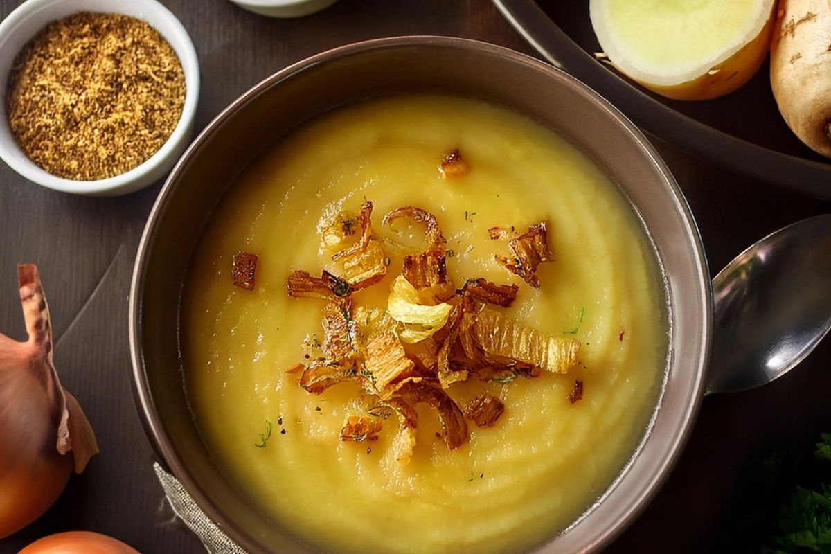 KI generiert: Das Bild zeigt eine Schüssel mit einem bunten Salat aus Rote-Bete-Scheiben, Karottenstreifen, Feldsalat, gehackten Nüssen und einem Klecks Sahne oder Joghurt in der Mitte. Der Salat liegt auf einem Holztisch.
