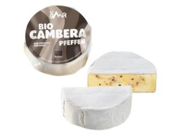 KI generiert: Auf dem Bild ist ein Camembert-Käse mit Pfeffer zu sehen. Text: "BIO CAMBERA PFEFFER".
