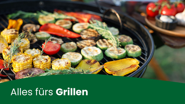 KI generiert: Grill mit Gemüse; Text: "Alles fürs Grillen".