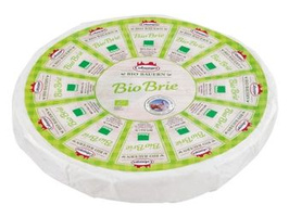 KI generiert: Ein Block Bio-Käse mit Etikett und mehrere Scheiben davon. Text: "Bio Bergbauernkäse".