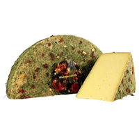 KI generiert: Ein halbes Käselaib mit Kräutern und eine Käsescheibe. Text: "Weihnachtskäse".