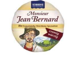 KI generiert: Etikett eines Weichkäses: "Monsieur Jean Bernard, Bio französische Weichkäse Spezialität, cremig würzig".