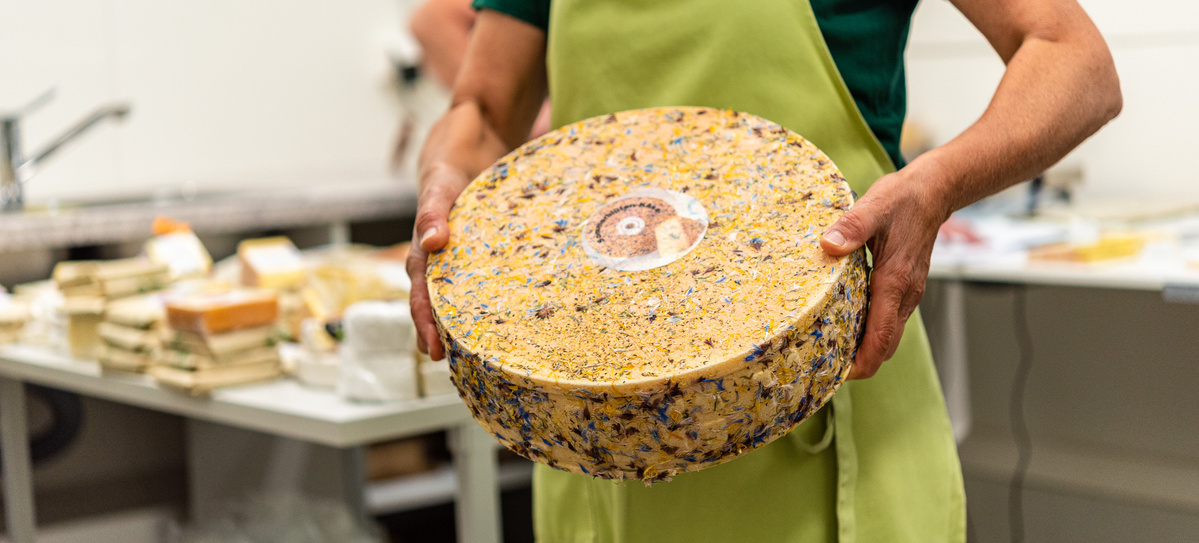 KI generiert: Das Bild zeigt ein hölzernes Brett mit einer Auswahl an verschiedenen Käsesorten, Trauben, Nüssen und Baguettescheiben. Daneben stehen zwei Weingläser, eines davon mit Rotwein gefüllt.
