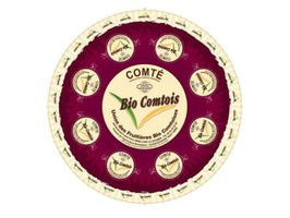 KI generiert: Das Bild zeigt eine runde Verpackung von "Bio Comtois" Comté-Käse.
