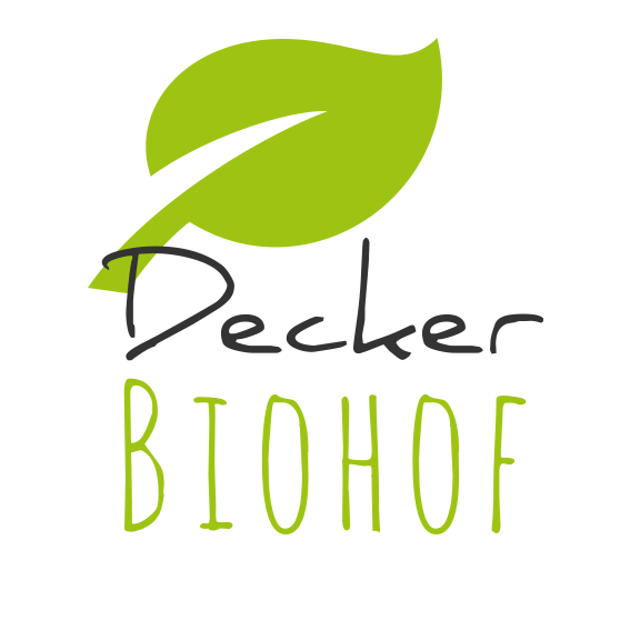 KI generiert: Ein Logo mit einem grünen Blatt. Text: "Decker BIOHOF".