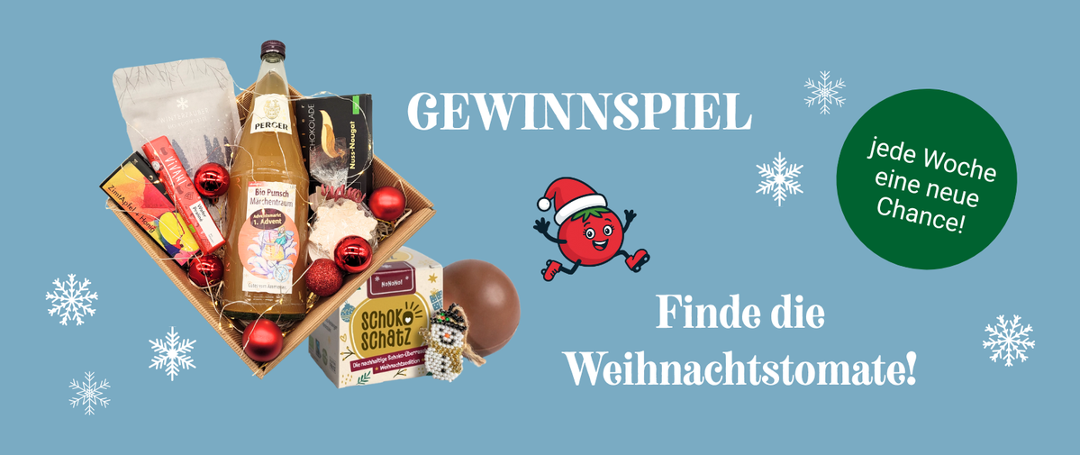 KI generiert: Ein Gewinnspiel mit weihnachtlicher Geschenkbox und Schneeflocken. Text: "GEWINNSPIEL, Finde die Weihnachtstomate!"