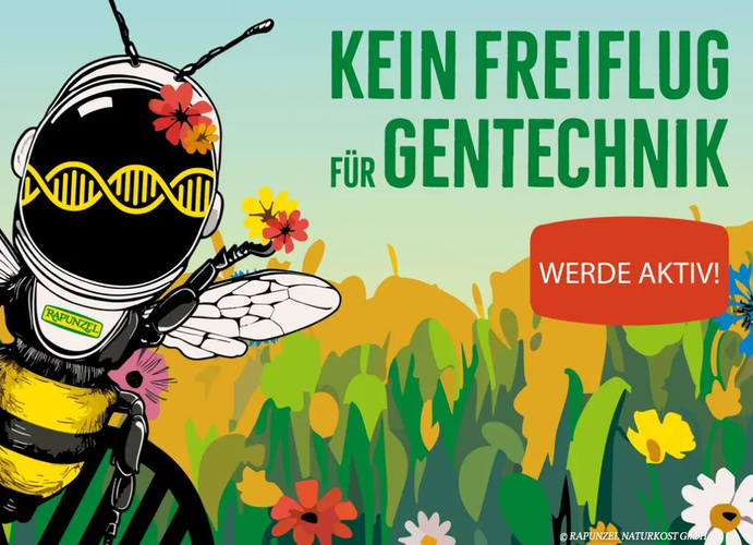 KI generiert: Illustration einer Biene und Blumen, Anti-Gentechnik-Botschaft: "Kein Freiflug für Gentechnik. Werde aktiv!"