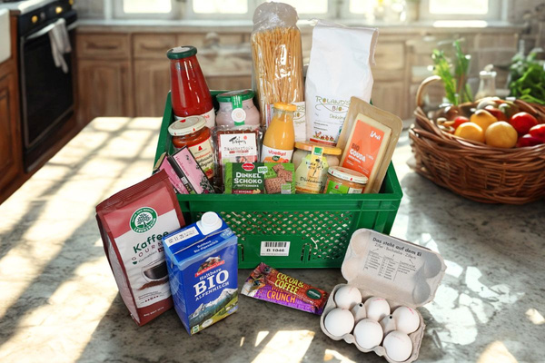 KI generiert: Das Bild zeigt ein hölzernes Brett mit einer Auswahl an verschiedenen Käsesorten, Trauben, Nüssen und Baguettescheiben. Daneben stehen zwei Weingläser, eines davon mit Rotwein gefüllt.