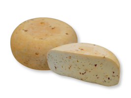 KI generiert: Auf dem Bild sind zwei Käselaibe abgebildet, einer ganz und der andere aufgeschnitten. Beide tragen ein Etikett mit der Aufschrift "Gouda".