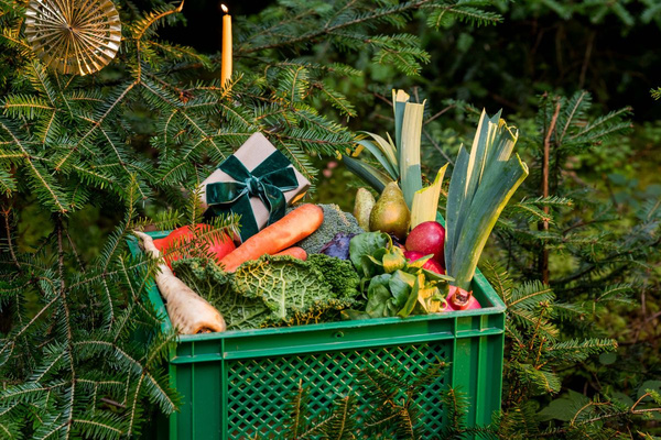 KI generiert: Eine grüne Kiste mit Gemüse und einem Geschenk inmitten von Tannenzweigen.