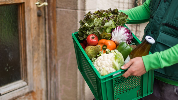 KI generiert: Eine Person trägt einen Korb voll frischem Gemüse und einer Flasche.