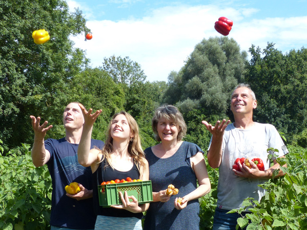 KI generiert: Das Bild zeigt zwei Personen in grüner Arbeitskleidung, die lächelnd eine Kiste mit frischem Obst und Gemüse halten. Im Hintergrund sind weitere Kisten mit Tomaten, Äpfeln und Salat zu sehen, was auf ein Lager oder eine Verkaufsstelle für frische Lebensmittel hinweist.
