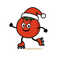 KI generiert: Fröhliche Tomate auf Rollschuhen mit Weihnachtsmütze.