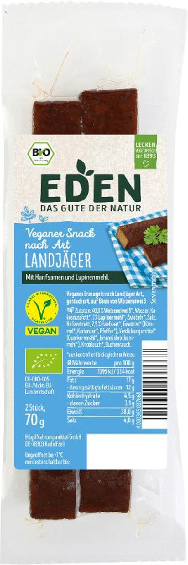 Produktfoto zu Veganer Snack nach Landjäger Art, 70g (2 Stk.)