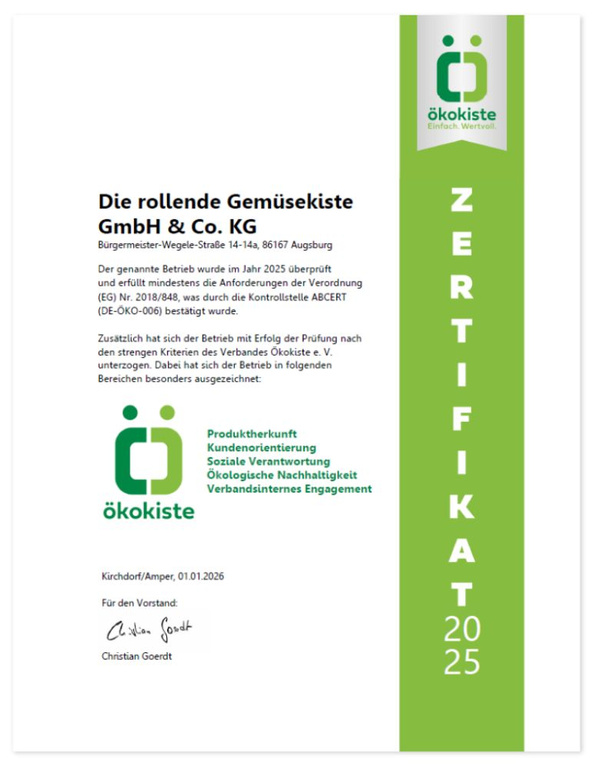 KI generiert: Das Bild zeigt ein Zertifikat der "Ökokiste" für 2025. Hauptinhalt: Text über Firmenprüfung.