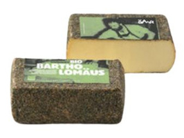 KI generiert: Ein Stück Käse mit grüner Verpackung, darauf steht "BIO BARTHOLOMÄUS".