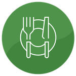 Grünes Symbol mit Messer, Gabel und Teller.