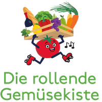 KI generiert: Fröhliche Tomate trägt eine Gemüse- und Obstkiste. Text: "Die rollende Gemüsekiste".
