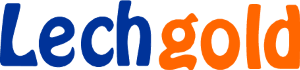 KI generiert: Logo mit Text "Lechgold" in blauer und oranger Schrift.
