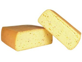 KI generiert: Zwei Käsestücke auf hellem Hintergrund, eines liegend, das andere stehend.