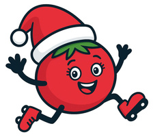 KI generiert: Eine fröhliche, lächelnde Tomatenfigur mit Weihnachtsmütze und Rollschuhen.