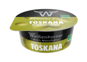 KI generiert: Die Verpackung einer mediterranen Creme der "Weißenhorner Milch Manufaktur" mit der Aufschrift "TOSKANA".
