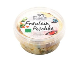 KI generiert: Runde Verpackung des Hof Butendiek Produkts "Fräulein Peschke", mit Frischkäse und Gemüse.